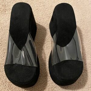 Black Platform Slide Sandals with Clear Strap - Women's